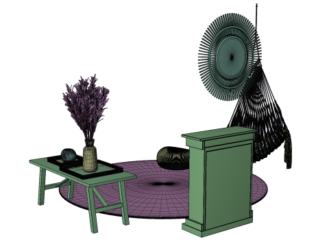 Bohemian Hammock Nook Scene with Fireplace and Natural Decor Modello 3D