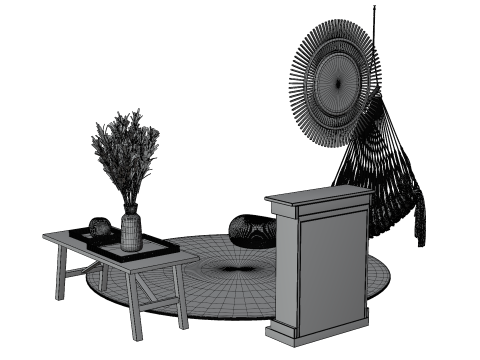 Bohemian Hammock Nook Scene with Fireplace and Natural Decor Modello 3D