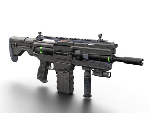 Futuristic Tactical Plasma Rifle Heavy Sci-Fi Energy Weapon with Green Power Core and Attachments 3D Model
