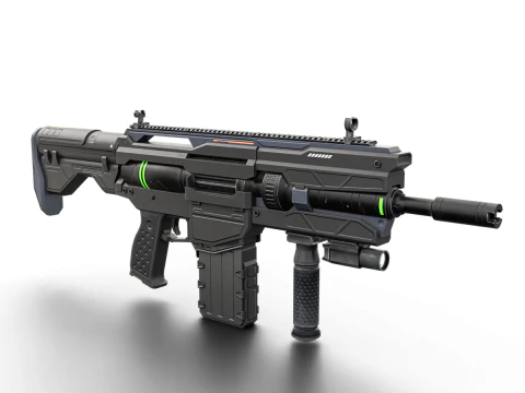 Arma de energia de fic&ccedil;&atilde;o cient&iacute;fica pesada de rifle de plasma t&aacute;tico futurista com n&uacute;cleo de energia verde e acess&oacute;rios Modelo 3D