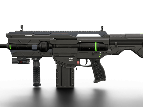 Futuristic Tactical Plasma Rifle Heavy Sci-Fi Energy Weapon with Green Power Core and Attachments 3D मॉडल