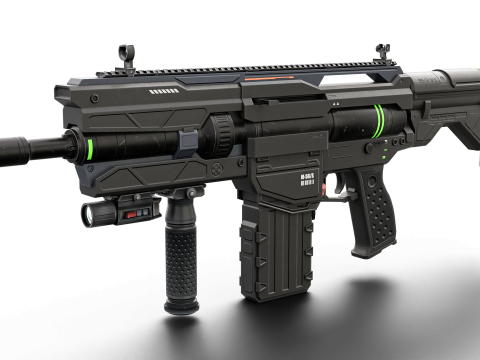 Futuristic Tactical Plasma Rifle Heavy Sci-Fi Energy Weapon with Green Power Core and Attachments 3D मॉडल