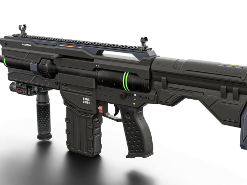 Futuristic Tactical Plasma Rifle Heavy Sci-Fi Energy Weapon with Green Power Core and Attachments 3D मॉडल