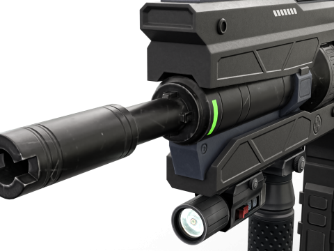 Futuristic Tactical Plasma Rifle Heavy Sci-Fi Energy Weapon with Green Power Core and Attachments 3D मॉडल