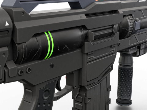 Futuristic Tactical Plasma Rifle Heavy Sci-Fi Energy Weapon with Green Power Core and Attachments 3D मॉडल