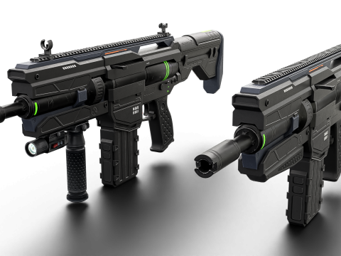 Futuristic Tactical Plasma Rifle Heavy Sci-Fi Energy Weapon with Green Power Core and Attachments 3D मॉडल