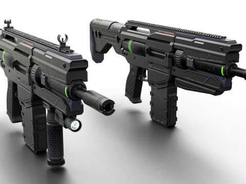Futuristic Tactical Plasma Rifle Heavy Sci-Fi Energy Weapon with Green Power Core and Attachments 3D मॉडल