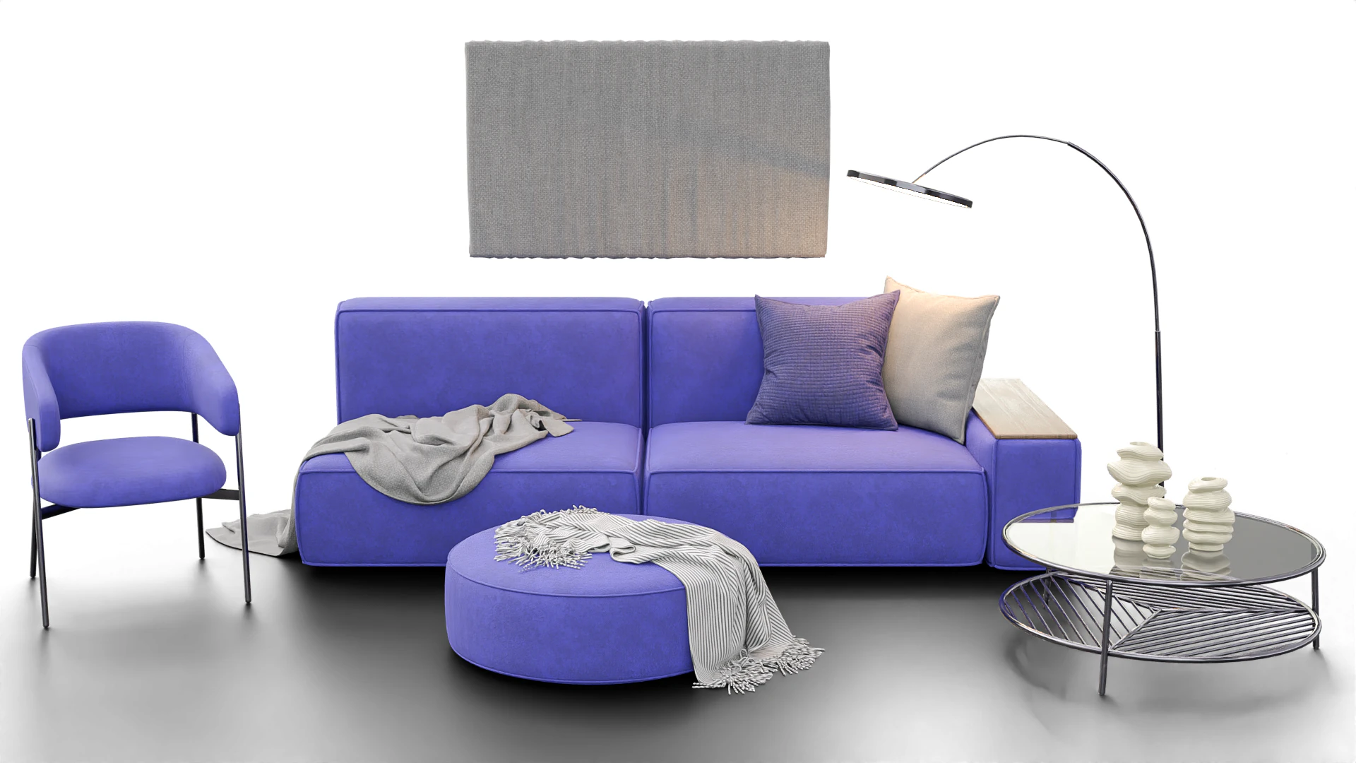 Modern Minimal Living Room Scene with Violet Sofa and Metallic Accents 3D Model .c4d .max .obj .3ds .fbx .stl .blend