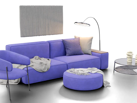 Modern Minimal Living Room Scene with Violet Sofa and Metallic Accents 3D Model