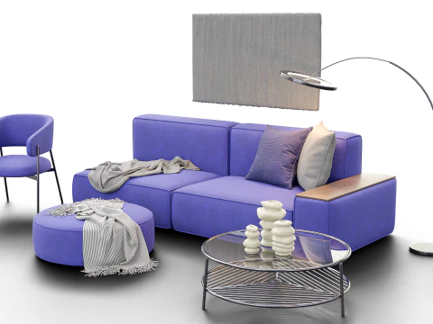 Modern Minimal Living Room Scene with Violet Sofa and Metallic Accents 3D Model