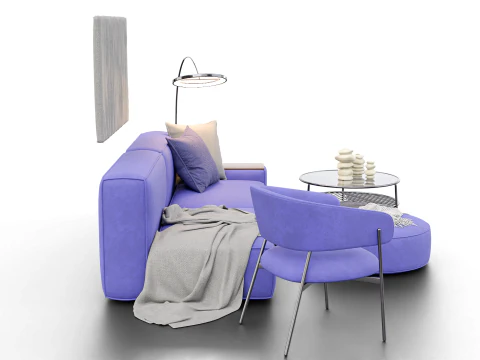 Modern Minimal Living Room Scene with Violet Sofa and Metallic Accents 3D Model