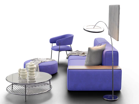Modern Minimal Living Room Scene with Violet Sofa and Metallic Accents 3D Model