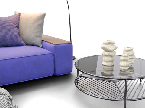 Modern Minimal Living Room Scene with Violet Sofa and Metallic Accents 3D Model