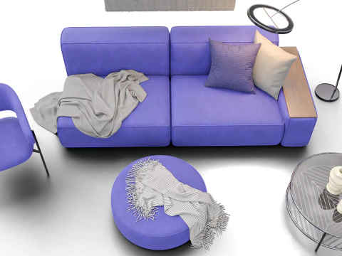 Modern Minimal Living Room Scene with Violet Sofa and Metallic Accents 3D Model