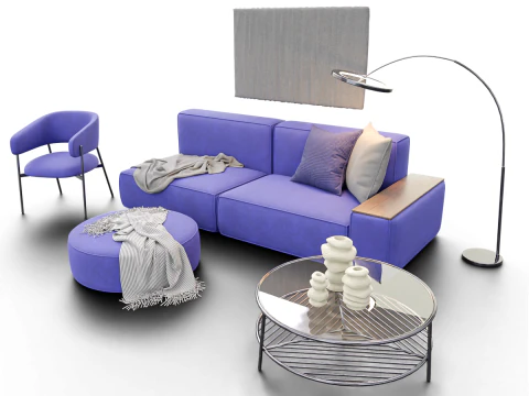 Modern Minimal Living Room Scene with Violet Sofa and Metallic Accents 3D Model