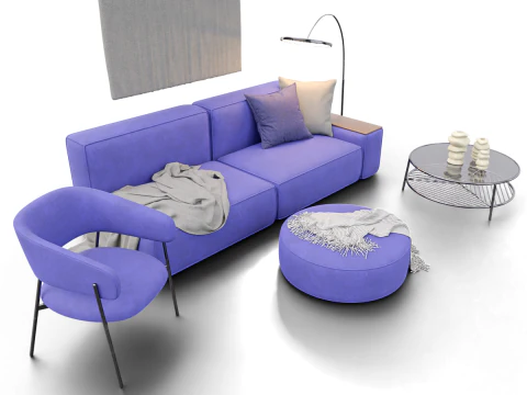 Modern Minimal Living Room Scene with Violet Sofa and Metallic Accents 3D Model