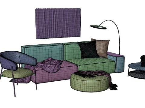 Modern Minimal Living Room Scene with Violet Sofa and Metallic Accents 3D Model