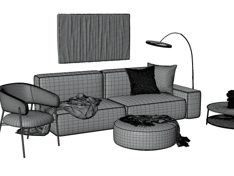 Modern Minimal Living Room Scene with Violet Sofa and Metallic Accents 3D Model