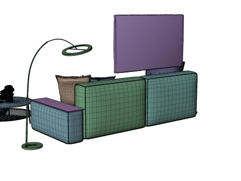 Modern Minimal Living Room Scene with Violet Sofa and Metallic Accents 3D Model