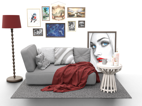 Eclectic Living Room Scene with Art Gallery Wall 3D 模型