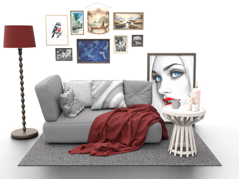Eclectic Living Room Scene with Art Gallery Wall 3D Model