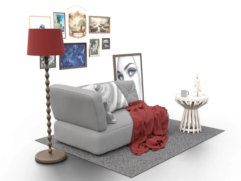 Eclectic Living Room Scene with Art Gallery Wall 3D Model