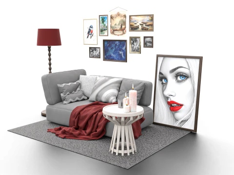 Eclectic Living Room Scene with Art Gallery Wall 3D Model