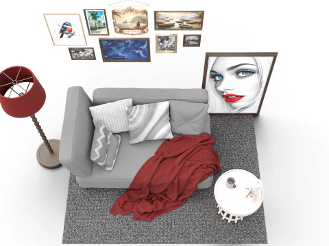 Eclectic Living Room Scene with Art Gallery Wall 3D Model
