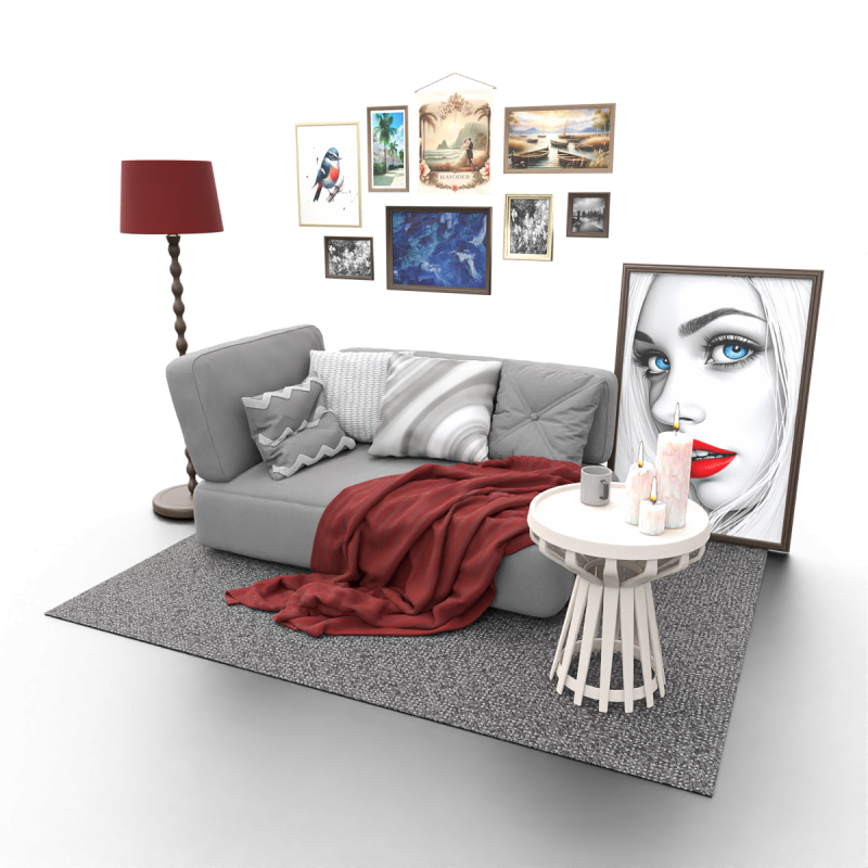 Eclectic Living Room Scene with Art Gallery Wall 3D 模型 .c4d .max .obj .3ds .fbx .stl .blend 