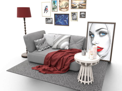Eclectic Living Room Scene with Art Gallery Wall 3D Model