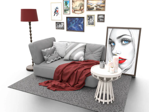 Escena de sala de estar ecl&eacute;ctica con pared de galer&iacute;a de arte Modelo 3D