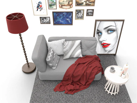 Eclectic Living Room Scene with Art Gallery Wall 3D Model