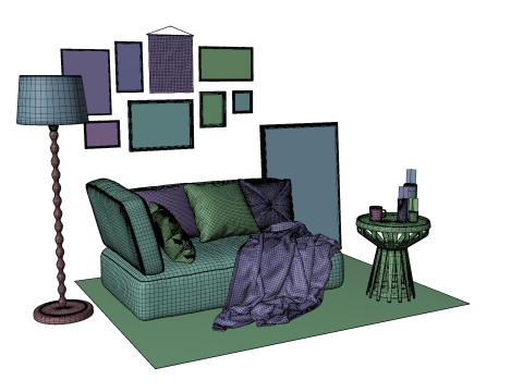 Eclectic Living Room Scene with Art Gallery Wall 3D 模型