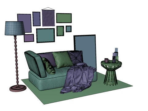 Eclectic Living Room Scene with Art Gallery Wall 3D Model