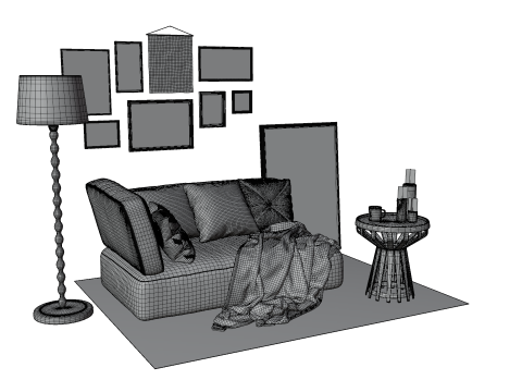 Eclectic Living Room Scene with Art Gallery Wall 3D 模型