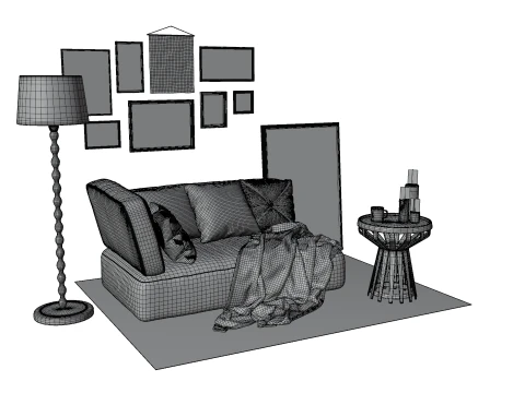 Eclectic Living Room Scene with Art Gallery Wall 3D Model