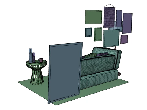 Eclectic Living Room Scene with Art Gallery Wall 3D Model