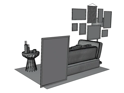 Eclectic Living Room Scene with Art Gallery Wall 3D Model