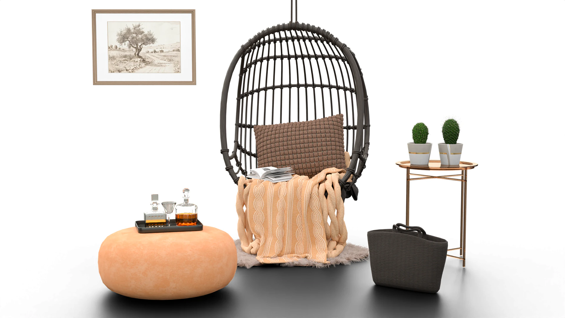 Wicker Hanging Chair Set Cozy Bohemian Reading Nook 3D Model .c4d .max .obj .3ds .fbx .stl .blend 