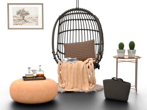 籐ハンギングチェアセット居心地の良いボヘミアン読書コーナー 3Dモデル