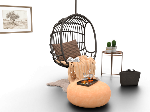 Wicker Hanging Chair Set Cozy Bohemian Reading Nook 3D मॉडल