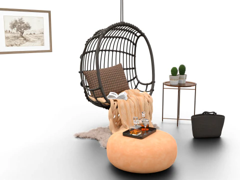 Wicker Hanging Chair Set Cozy Bohemian Reading Nook 3D Model