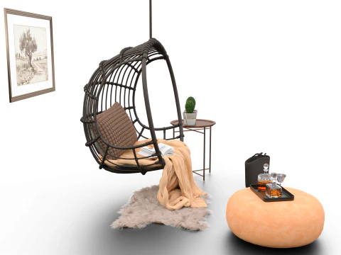 Wicker Hanging Chair Set Cozy Bohemian Reading Nook 3D Model
