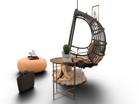 Wicker Hanging Chair Set Cozy Bohemian Reading Nook 3D Model