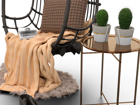 Wicker Hanging Chair Set Cozy Bohemian Reading Nook 3D Model