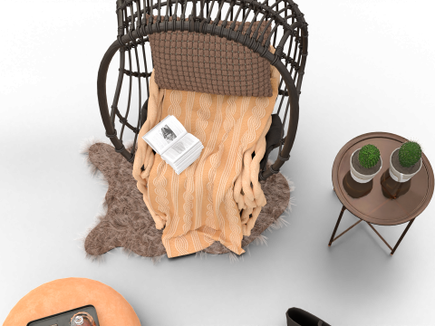 Wicker Hanging Chair Set Cozy Bohemian Reading Nook 3D मॉडल