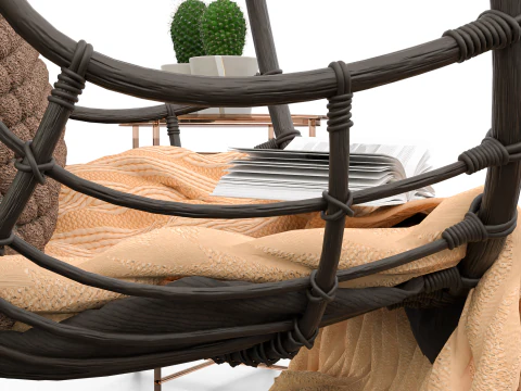 Wicker Hanging Chair Set Cozy Bohemian Reading Nook 3D Model