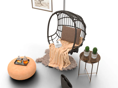 Wicker Hanging Chair Set Cozy Bohemian Reading Nook 3D Model