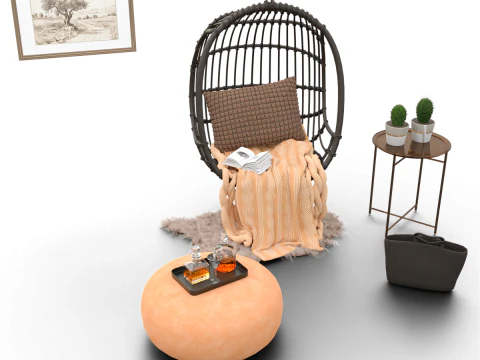 Wicker Hanging Chair Set Cozy Bohemian Reading Nook 3D Model
