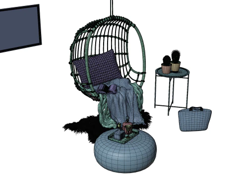 Wicker Hanging Chair Set Cozy Bohemian Reading Nook 3D Model